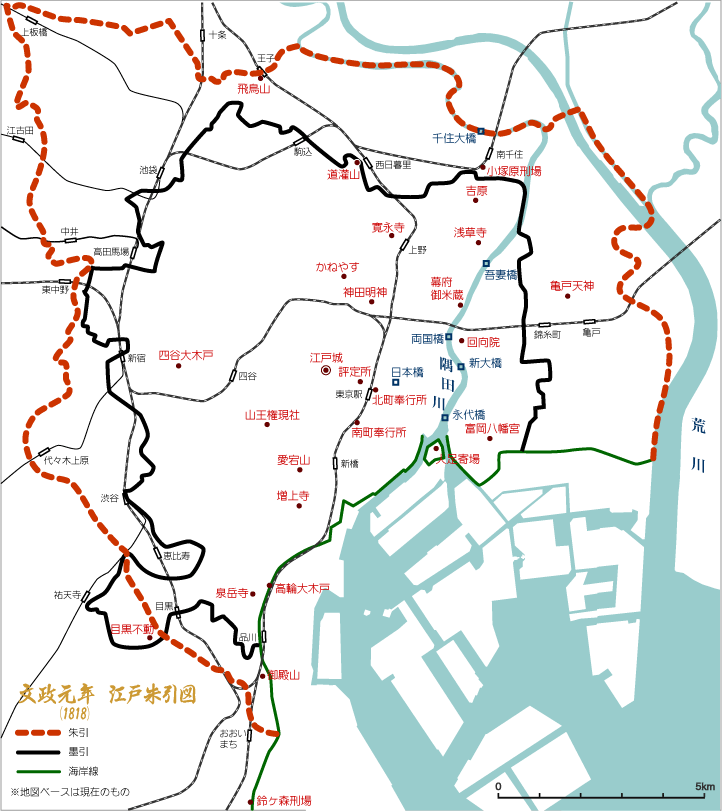 文政江戸朱引図と現在の地図
